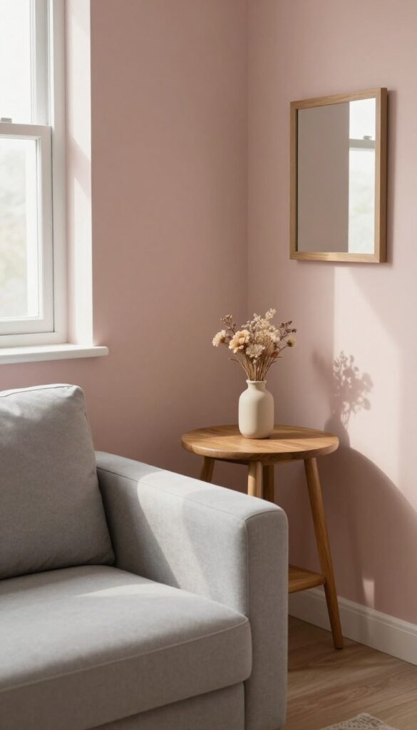 Small living room with dusty rose accent wall, gray sofa, and natural light