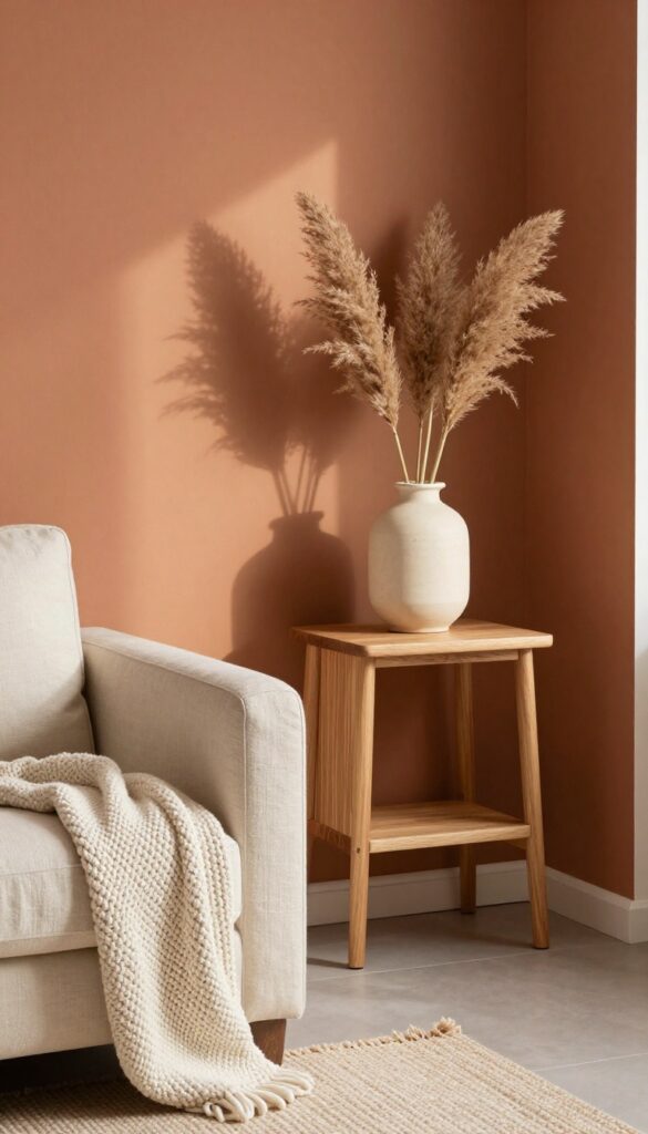 Terracotta accent wall in a small living room with cream textiles and light wood furniture