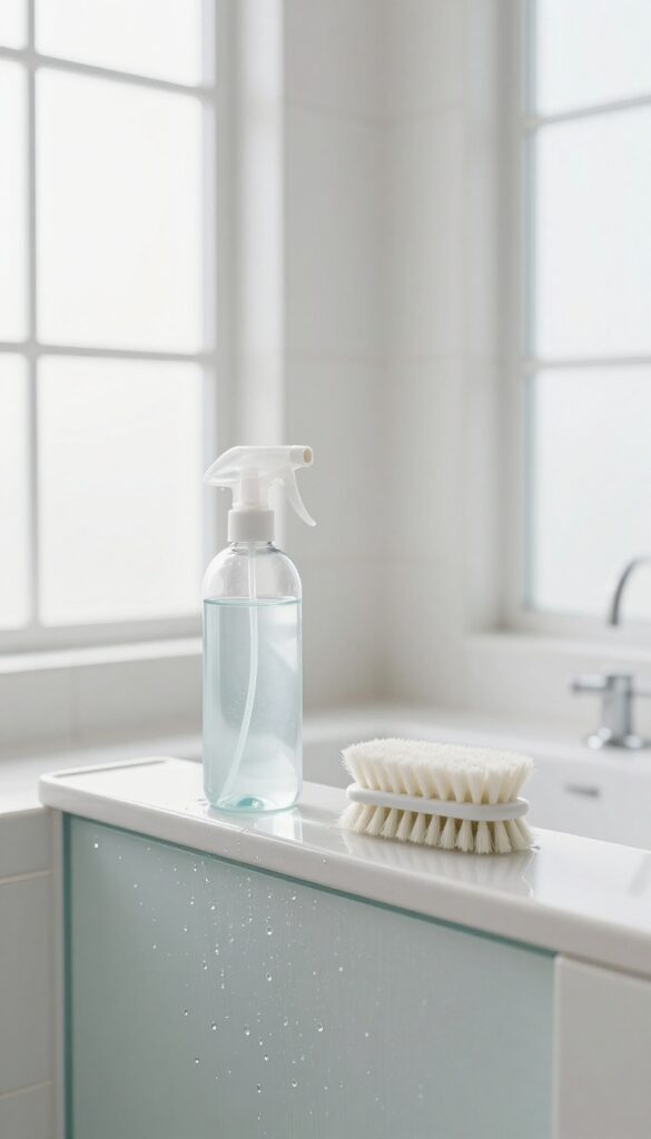 Shower cleaning supplies and squeegee in use for weekly maintenance routine