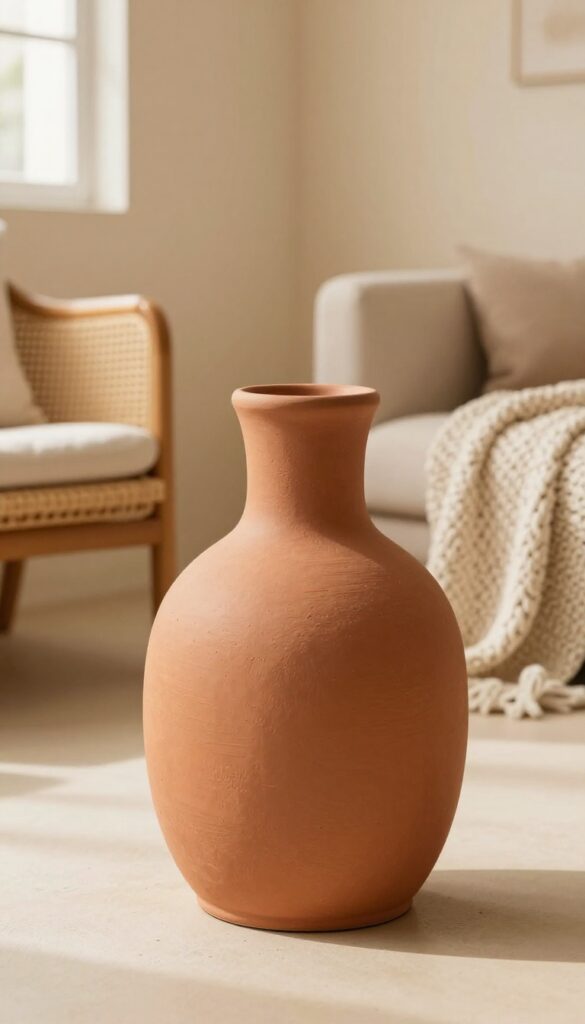 Close-up of a ceramic sunburst sculpture on a wall in a cozy living room with natural light