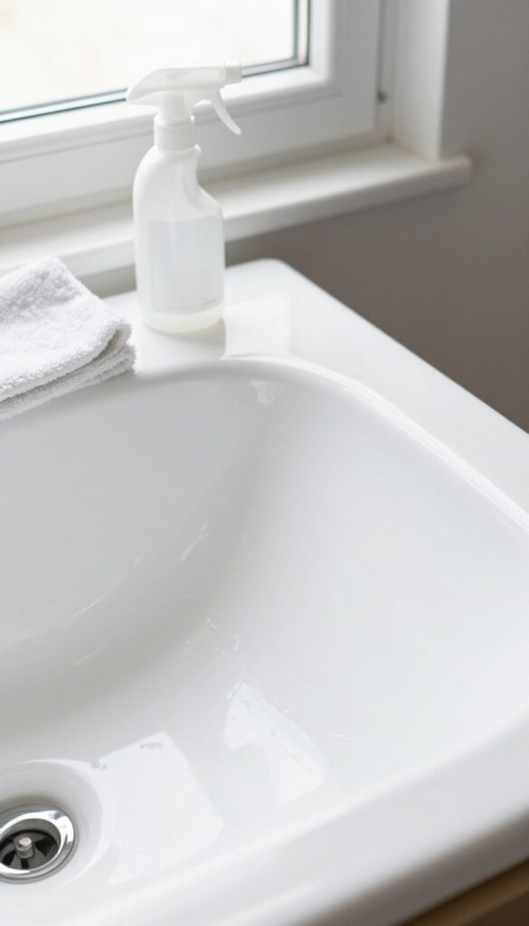 Spray bottle of rubbing alcohol and microfiber cloth on a clean bathtub edge