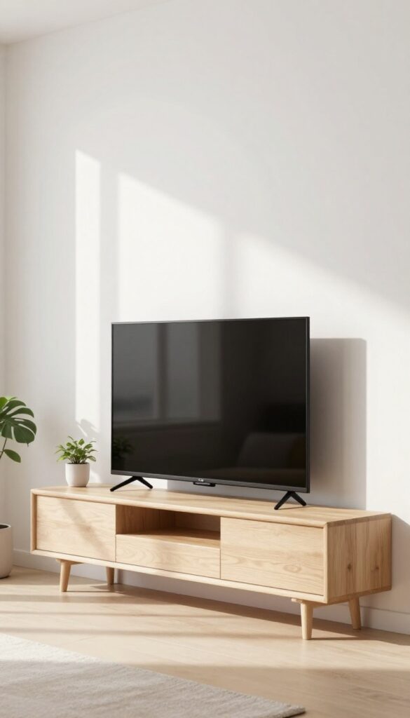 Floating shelf with TV and hidden cords in a bright, minimal living room.