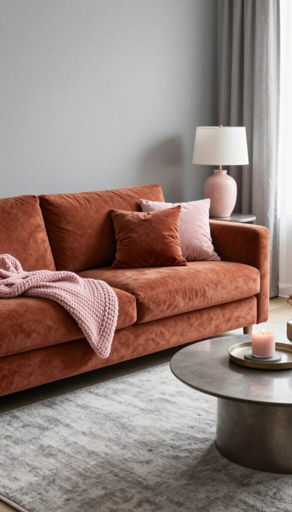Rust sofa with soft gray walls and blush pink accessories in a bright, cozy living room
