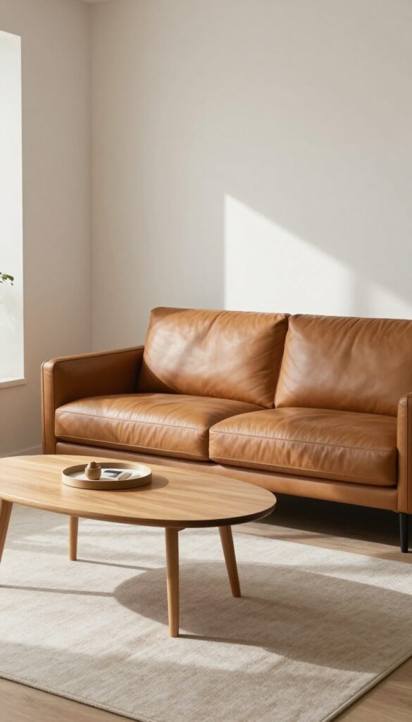 Small living room with cognac leather couch and round light wood coffee table, bright natural light, uncluttered
