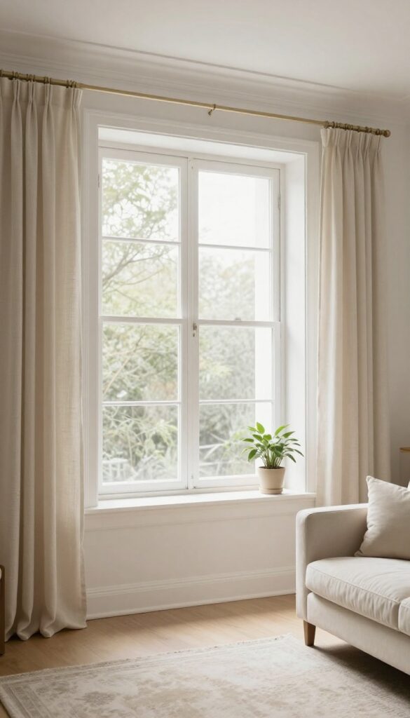 Living room window with peel-and-stick molding, linen curtains, and a potted plant on the sill.