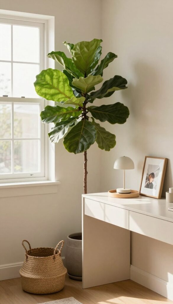 A small desk tucked behind a tall fiddle-leaf fig in a living room corner, creating a cozy work nook with natural light.