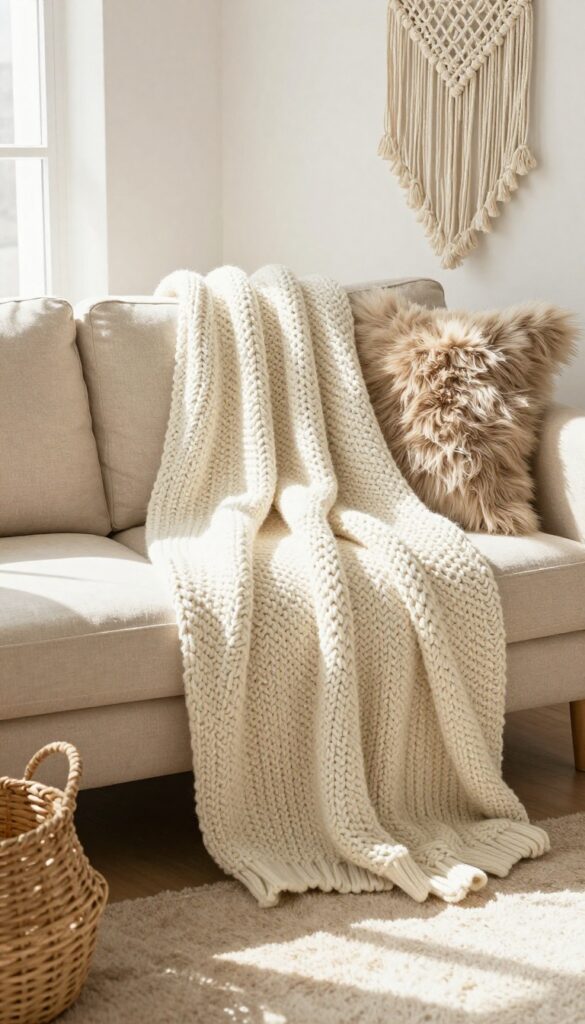 Warm boho living room with chunky knit throw draped over sofa arm, cream tones, natural light, cozy texture