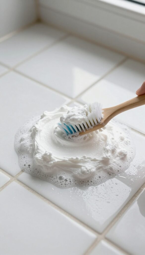 Applying baking soda and vinegar paste to tile grout with a toothbrush