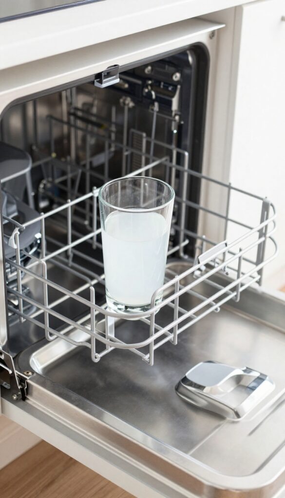 A clear glass cup filled with white vinegar placed upright on the top rack of an empty dishwasher, with natural light highlighting the clean interior and stainless steel racks.