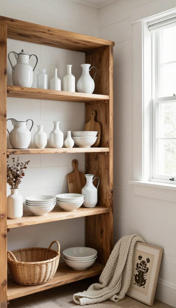 Open shelving with white ironstone and milk glass arranged in a relaxed, collected-over-time style in a primitive living room