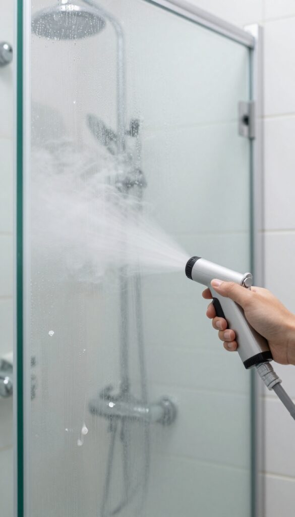 Handheld steam cleaner blasting steam onto a soap-scum-covered shower glass door, with a microfiber cloth nearby, in a bright bathroom.