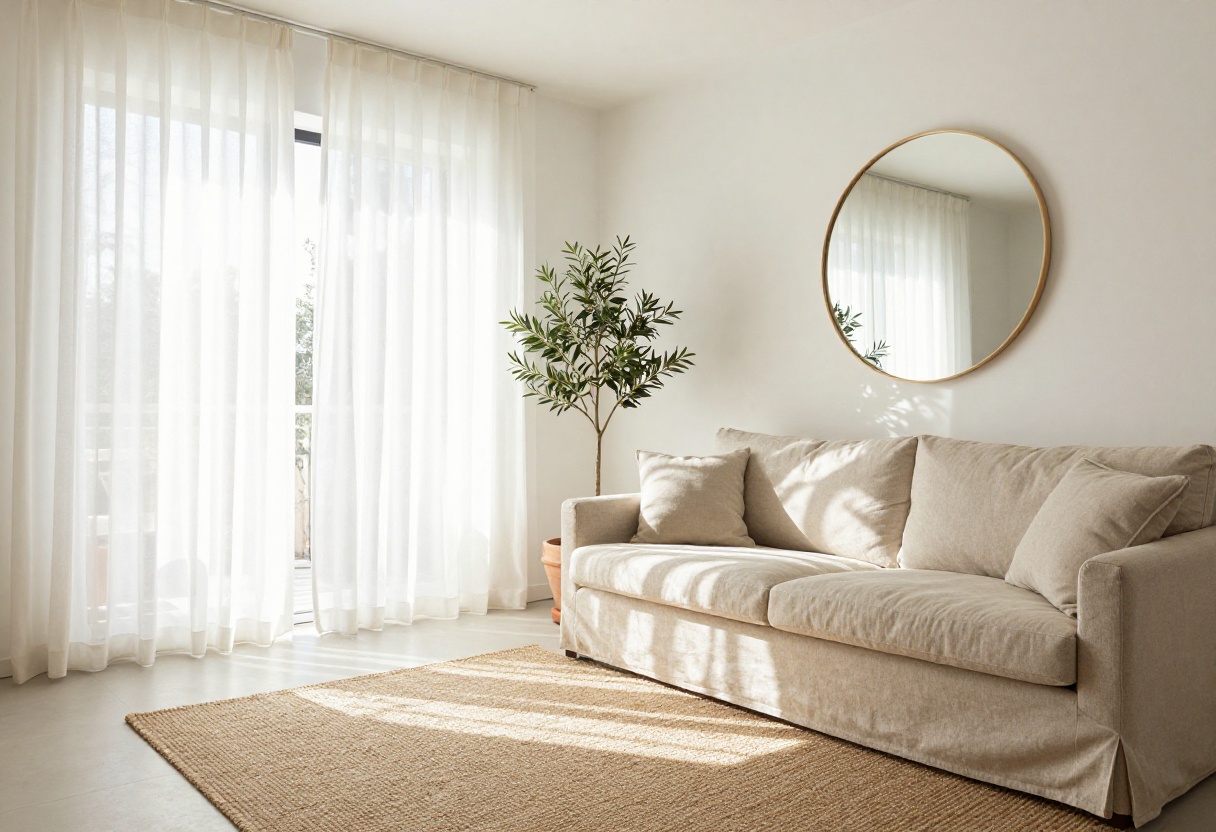 Bright modern living room with white walls, beige sofa, jute rug, and olive tree