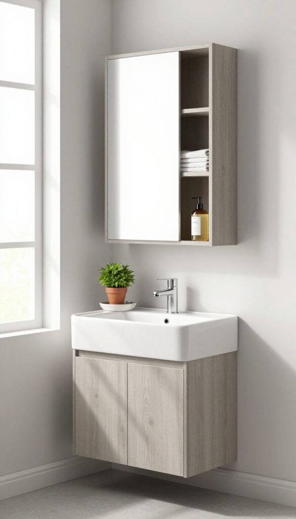 Slimline pedestal sink with wall-mounted cabinet in living room corner