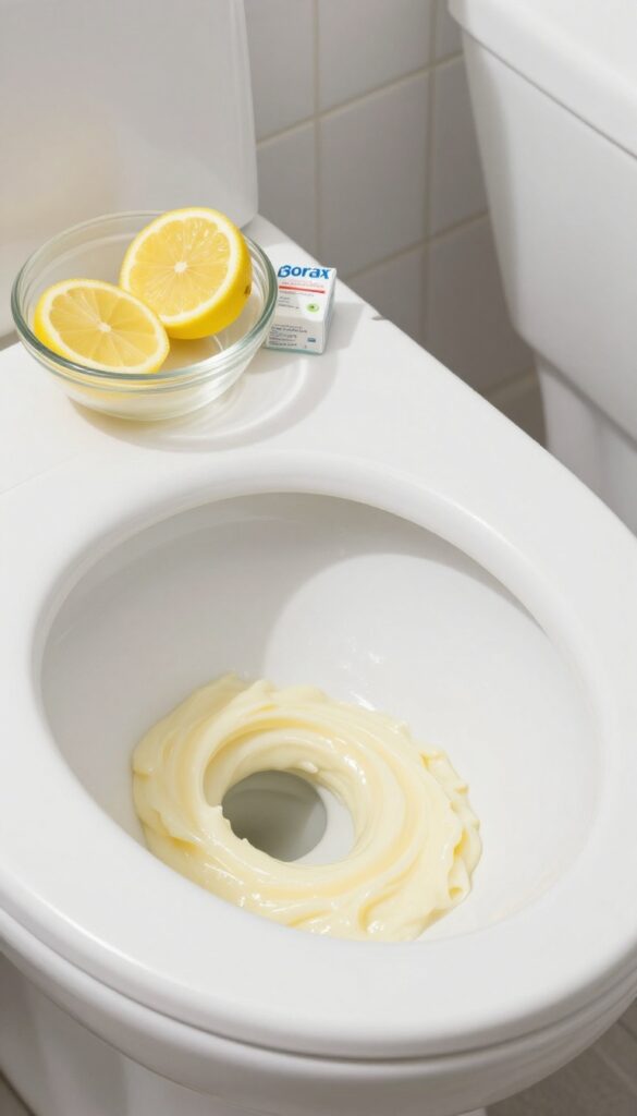 Borax and lemon juice paste applied to toilet bowl stains