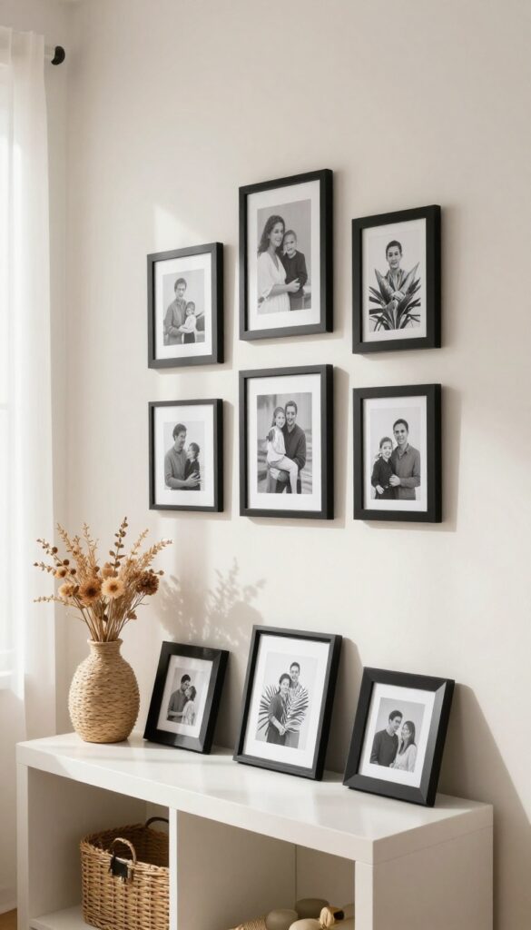 Cozy living room gallery wall with RIBBA frames, leaning frames on console, woven basket, dried flowers, and picture light.