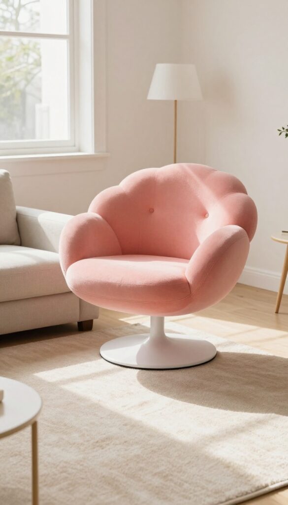 Playful coral bubble accent chair in a bright living room corner with neutral sofa and rug, natural light