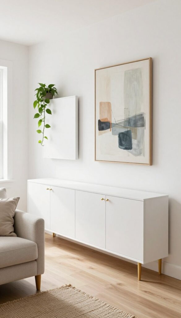 Wall-mounted white cabinets above a console table in a bright living room with a trailing plant and abstract art.