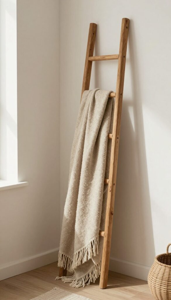 Wooden ladder with fringe-trimmed blanket in warm boho living room corner