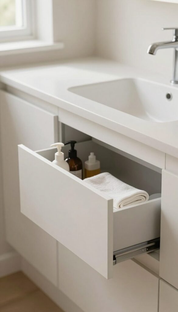 Built-in nook with wash basin and hidden pull-out drawers in a bright living room corner