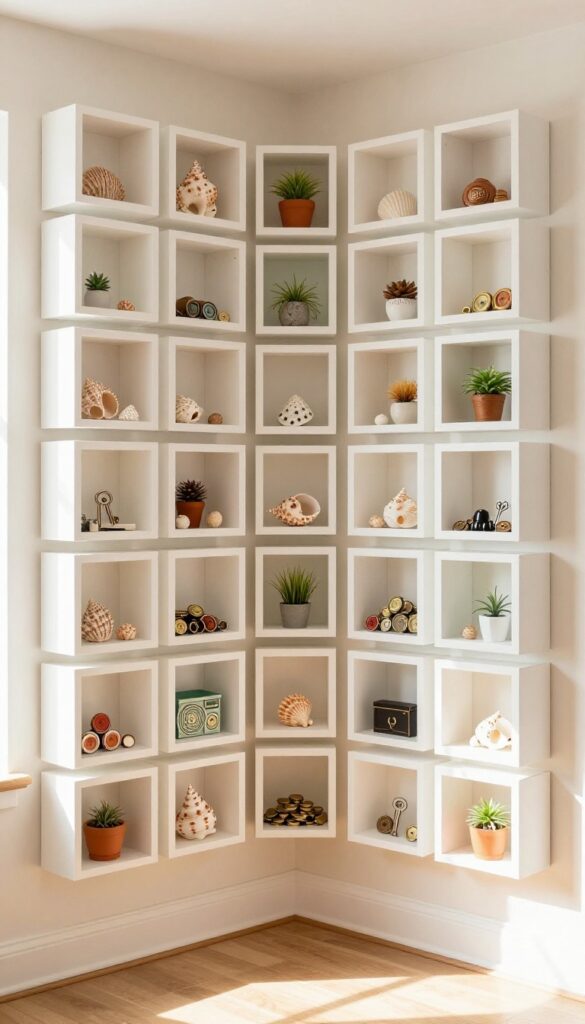 A gallery wall of shadow boxes in a living room corner, storing small keepsakes and everyday items.