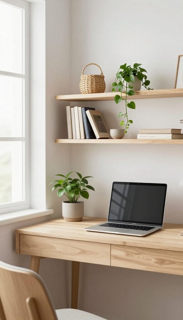 Wall-mounted desk and shelf combo in a bright living room corner with natural light