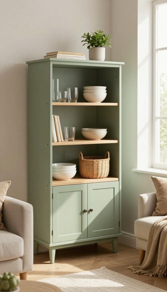 Cozy living room with sage green IVAR cabinet displaying glassware, ceramics, and baskets.