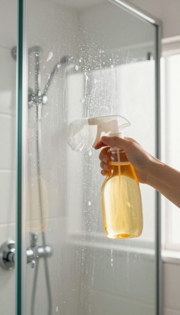 Cleaning a glass shower door with a vinegar and dish soap spray to remove soap scum