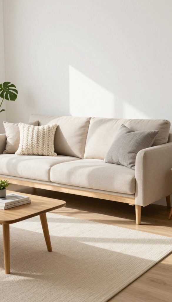 A small living room with a light beige sofa on slim wooden legs, styled with a cream knit throw and gray cushions, creating an airy and open feel.
