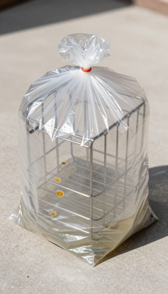 Oven racks sealed in a trash bag with ammonia for grease removal