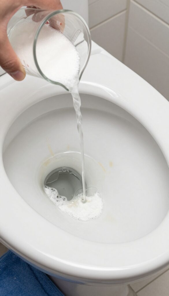 Pouring vinegar into toilet bowl with baking soda, fizzing action, bright bathroom