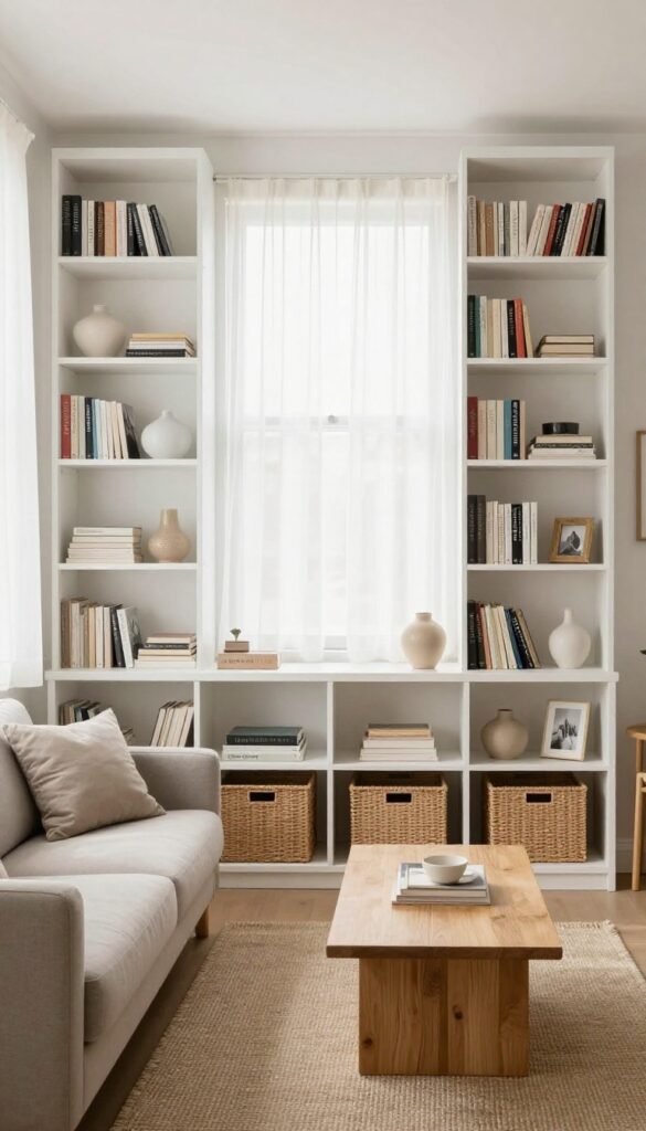 Small living room with floor-to-ceiling white built-in bookshelves, books, decor, and baskets, flanking a window with sheer curtains.