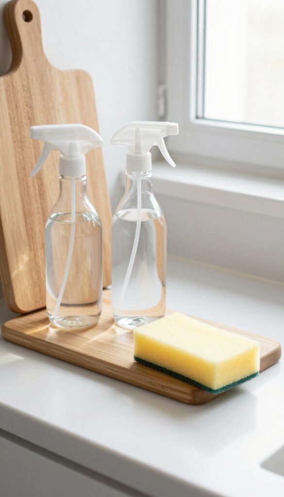 Hydrogen peroxide spray bottle on a kitchen countertop with a cutting board and sponge