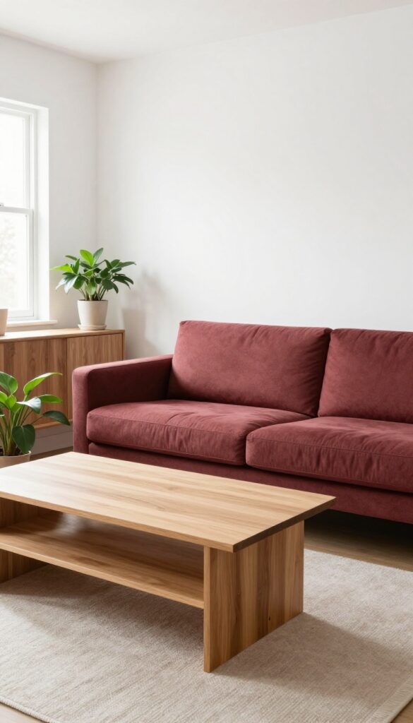 Burgundy sofa with light oak coffee table and walnut console table in bright living room