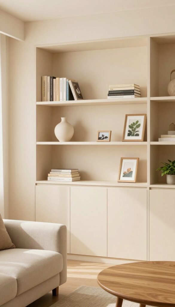 Built-in shelving with open display and closed cabinets in a bright, modern living room