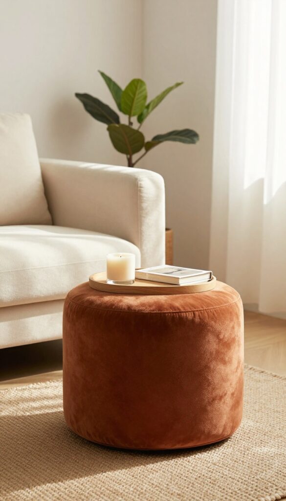 Rust velvet storage ottoman with wooden tray and candle in cozy small living room corner