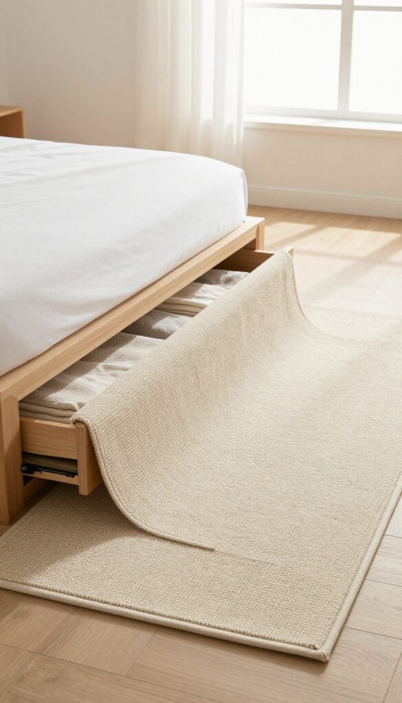 Low-profile carpet over platform bed frame with drawers in living room