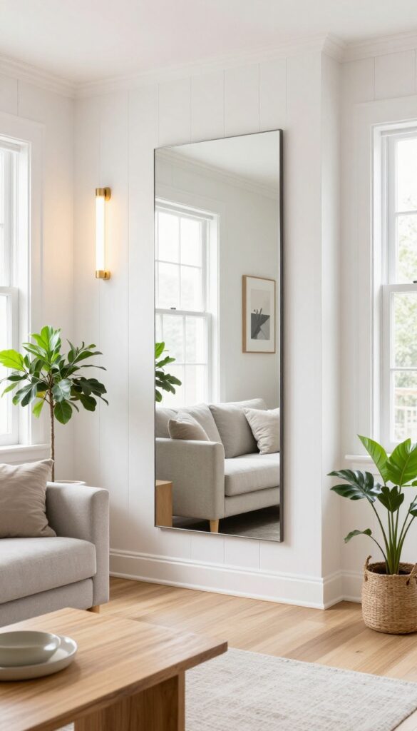 Living room with shiplap wall featuring a central mirrored panel reflecting a window, with warm sconce lighting.