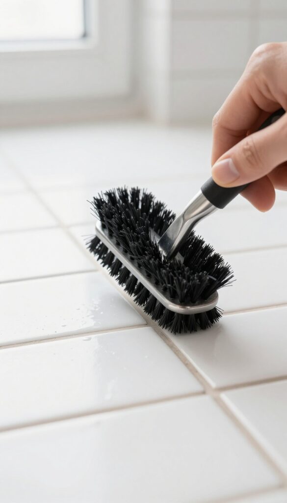 Person scrubbing grout lines with a stiff-bristled grout brush on a tiled floor