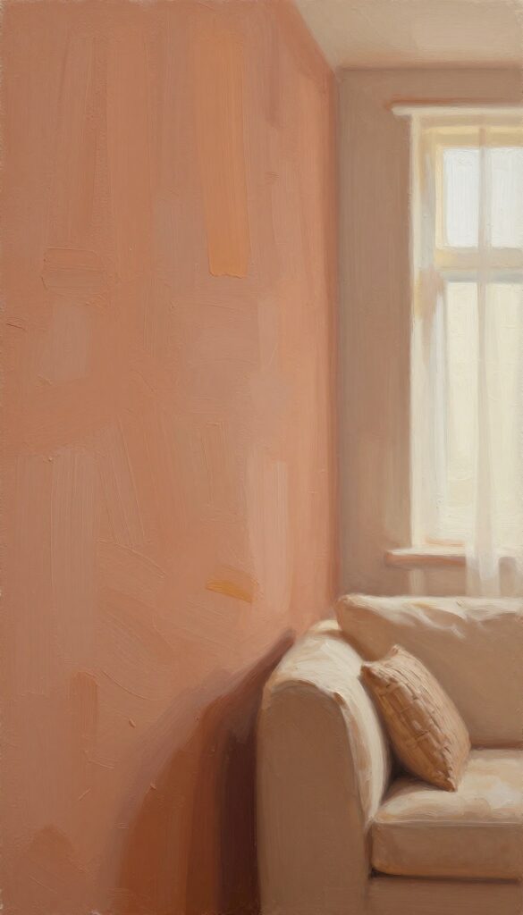 DIY abstract wall art in warm earth tones leaning against a wall in a cozy living room