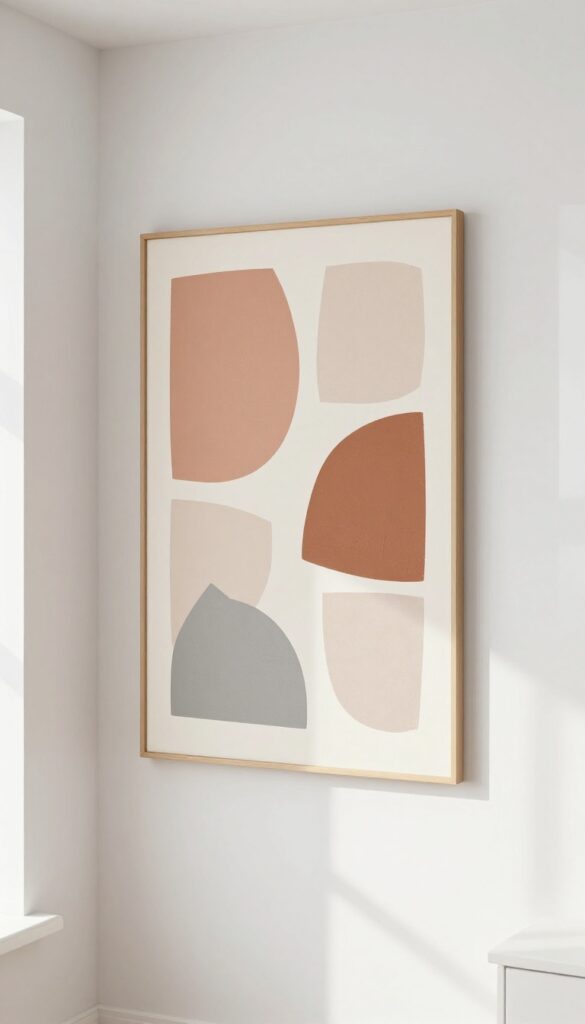 DIY abstract canvas art on a living room wall, geometric shapes in terracotta and gray, natural light, clean and stylish.