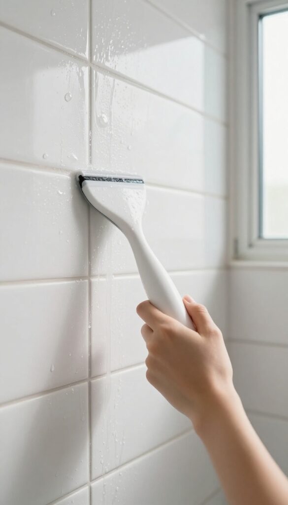 A hand squeegeeing water off shiny white subway tiles in a bright, clean shower, with natural light and no visible grime.