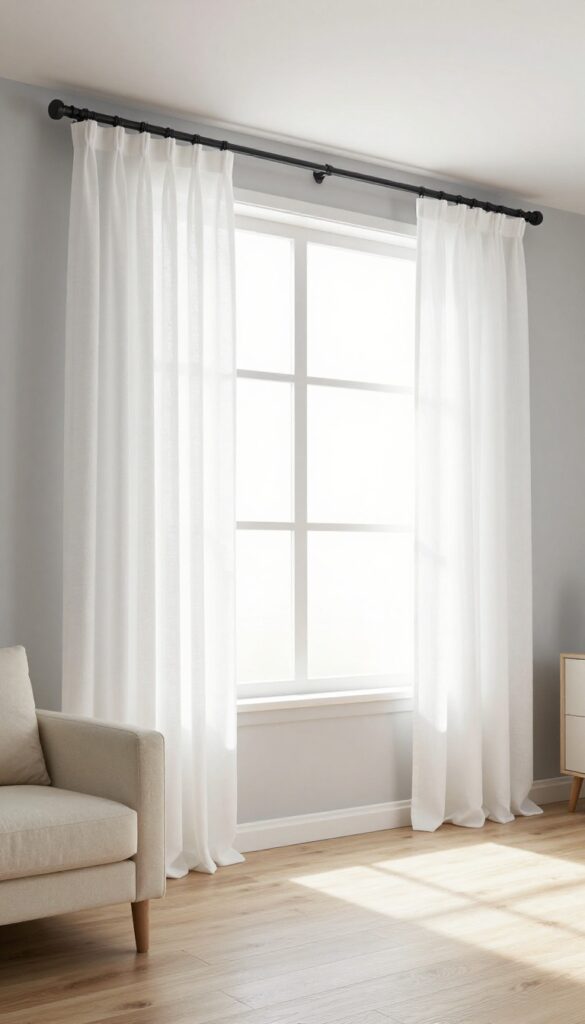 Modern mobile home living room with high and wide curtains creating illusion of taller walls and larger windows