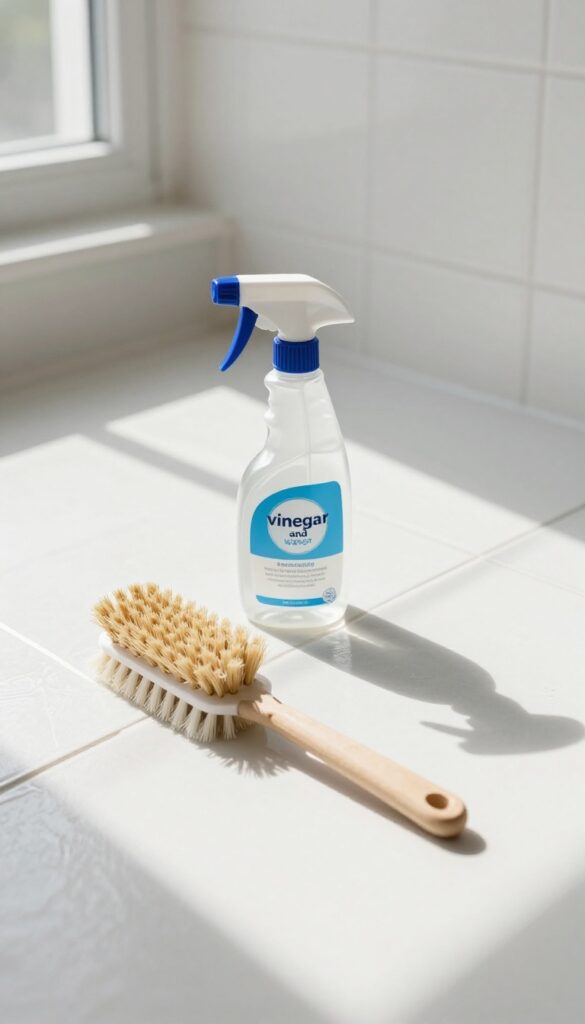Cleaning grout on tile floors with vinegar and water solution, spray bottle and brush nearby.