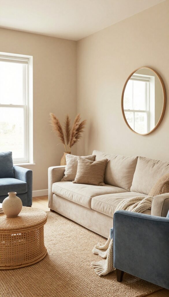 Small living room with dusty blue accent chair, sand-colored walls, beige sofa, jute rug, and natural light streaming in.