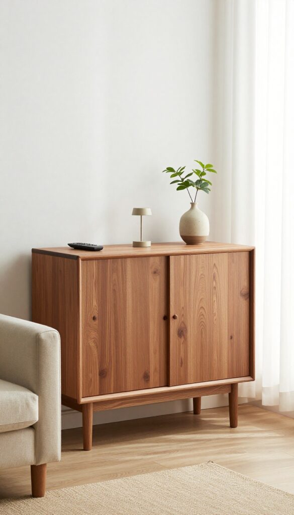 Media console with closed cabinets and open shelf, lamp and plant on top, bright natural light, clean living room