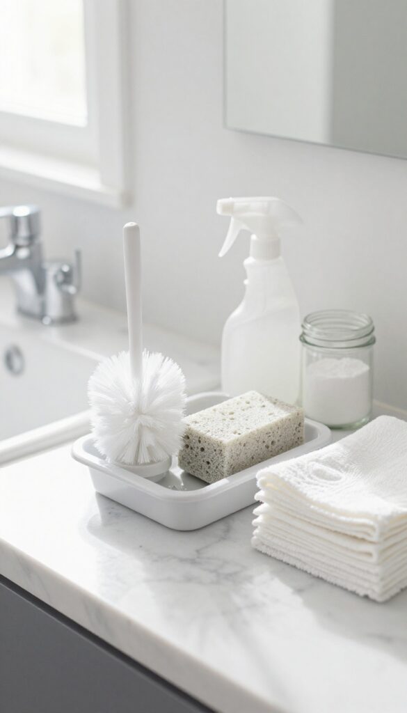 Bathroom cleaning caddy with toilet brush, pumice stone, vinegar, baking soda, and microfiber cloths on marble countertop