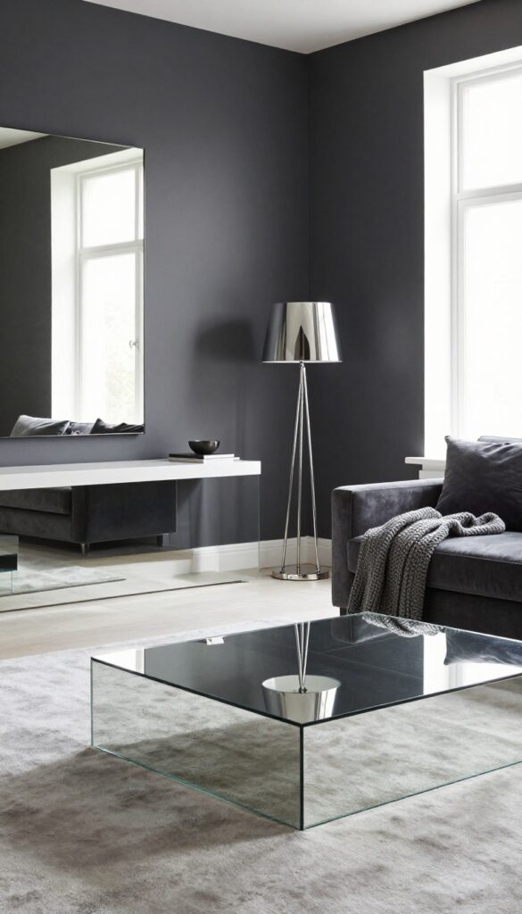 Modern dark gray living room with glossy finishes, mirrored coffee table, and plush textures