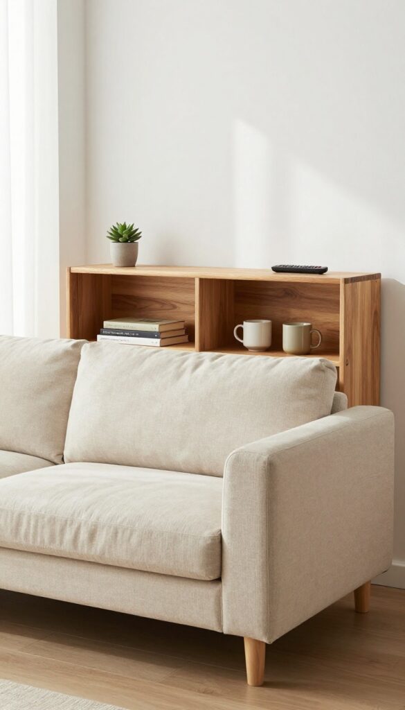Elegant beige linen sofa with built-in walnut side shelves, styled with a plant and books, in a bright living room.