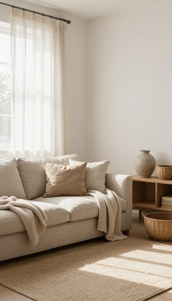 Warm white living room with sand and linen accents, small space, natural light