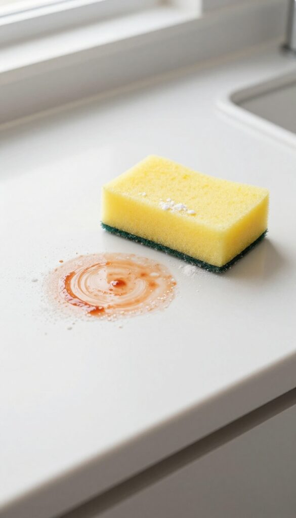 Cleaning a countertop stain with baking soda and a damp sponge